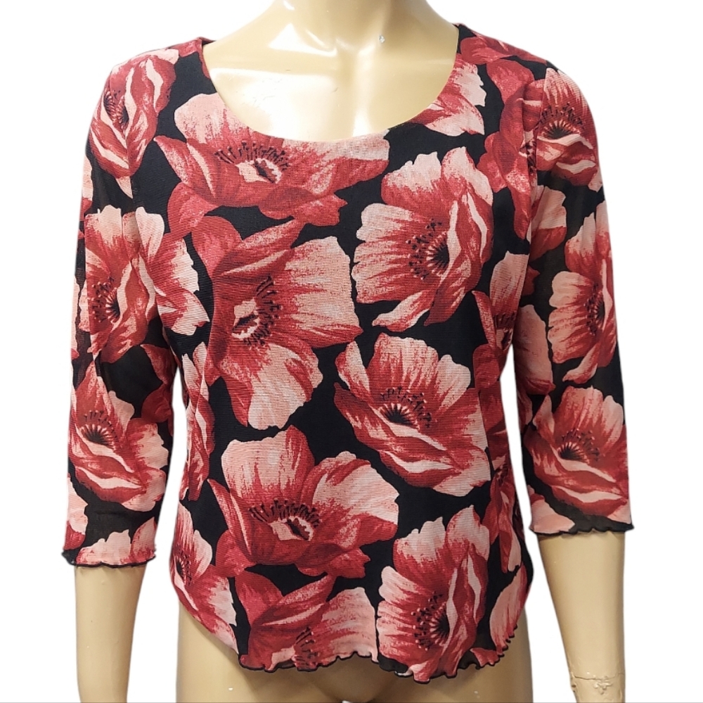 Emma James Floral Print Semi Sheer Scalloped Edge Blouse